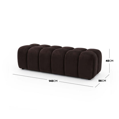 Chocolate brown upholstered bench on a white background with dimensions labeled.