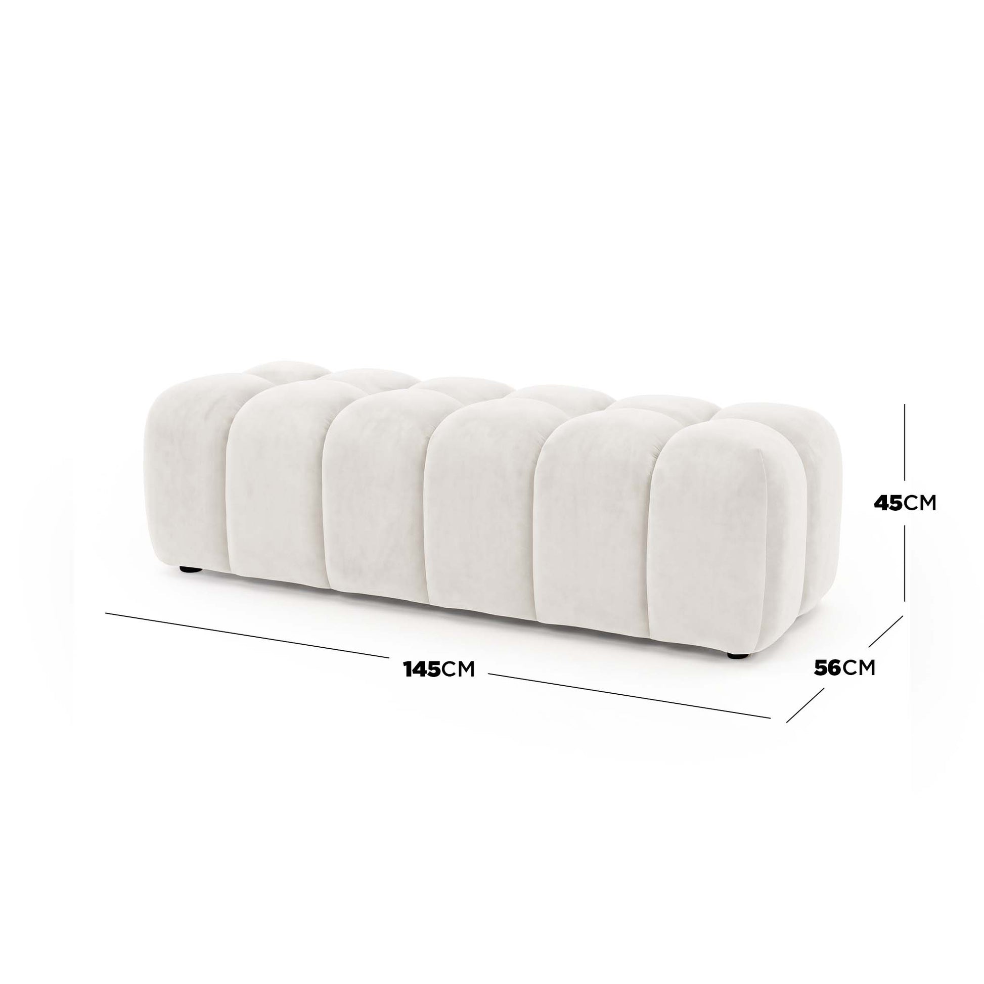 Light beige ottoman bench on white background with measurement lines showing dimensions