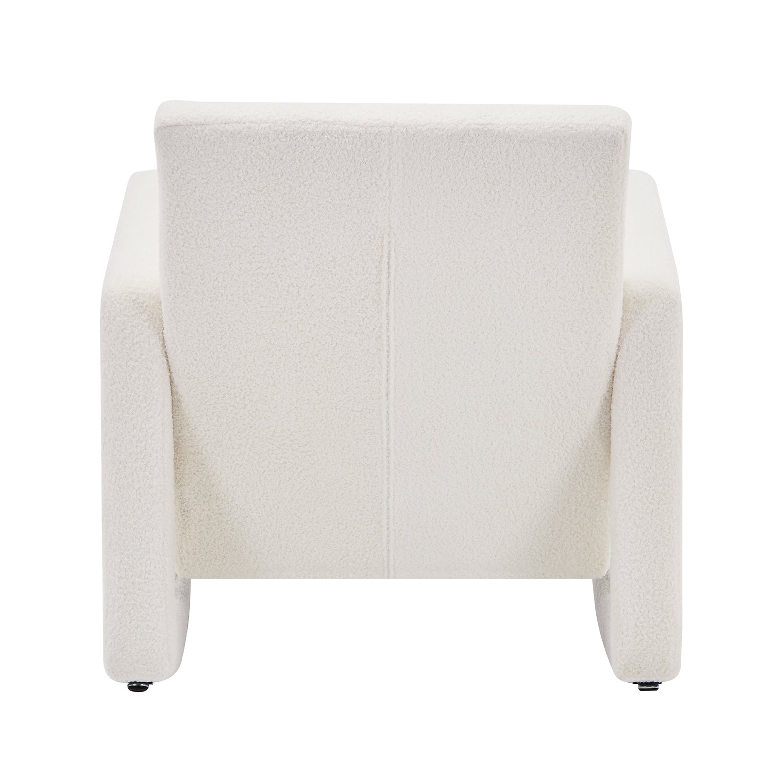 Ligeia Boucle Padded Rocking Chair in Cream White features a minimalist block silhouette with low backrest, wide arms, and textured upholstery, offering modern style and plush comfort for any room.