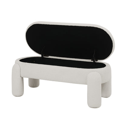 Lonea Bouclé Upholstered Bench with Storage in light beige, showcasing a plush boucle fabric, solid wood frame, and hidden storage compartment, perfect for modern living spaces.