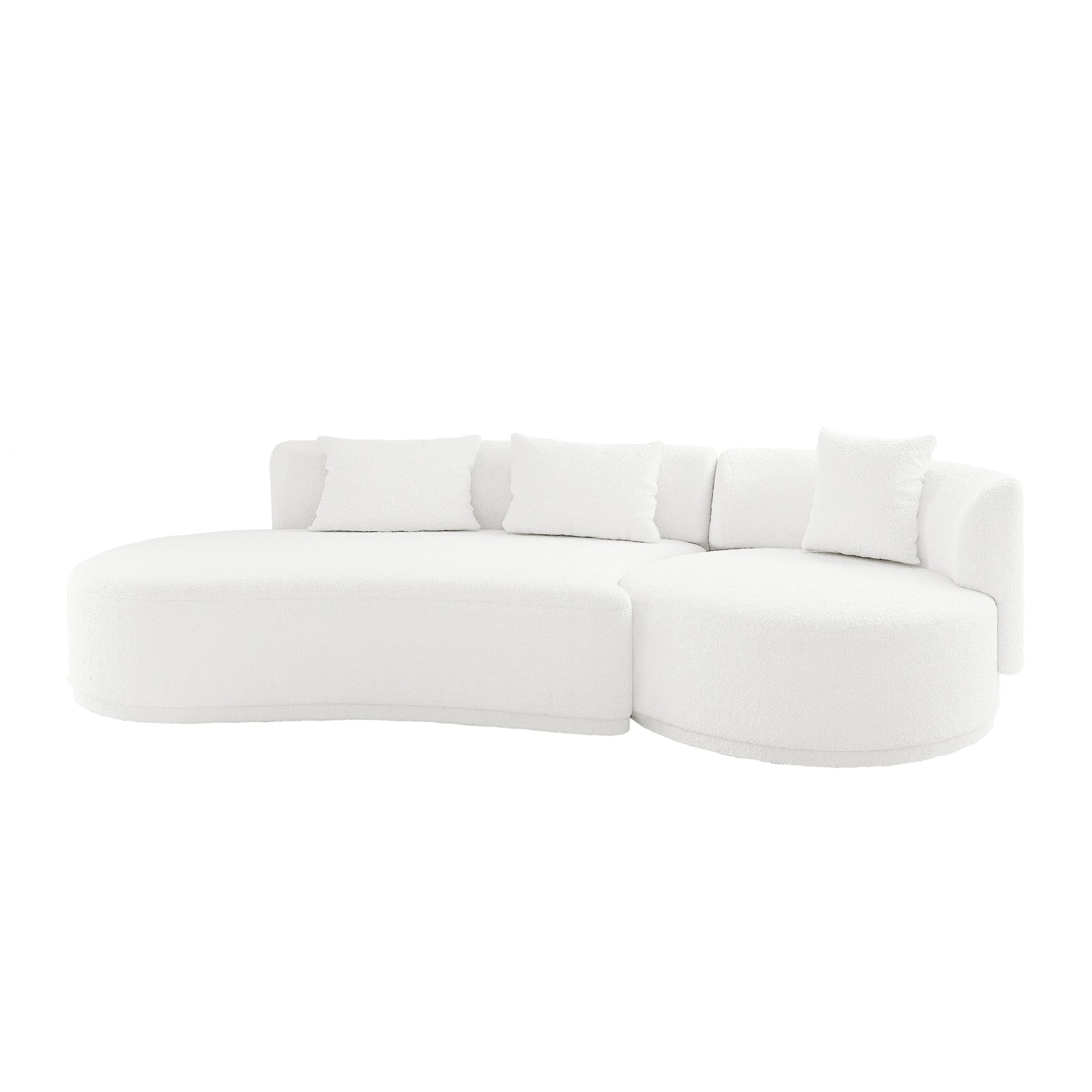 Lyana 4 Seater Boucle Sofa with Left Chaise in Cream White features a modern curved design with a C-shaped lounge and rounded ottoman, upholstered in boucle-style fabric with matching back cushions.