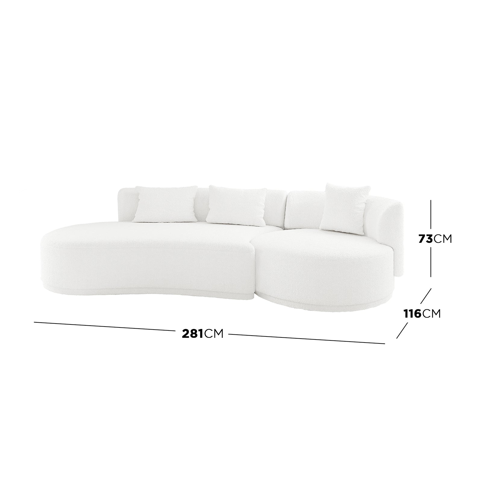 Lyana 4 Seater Boucle Sofa with Left Chaise in Cream White, featuring a modern L-shaped design with plush bouclé fabric, three loose back cushions, and dimension lines highlighting its size.