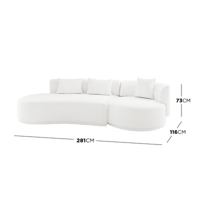 Lyana 4 Seater Boucle Sofa with Left Chaise in Cream White, featuring a modern L-shaped design with plush bouclé fabric, three loose back cushions, and dimension lines highlighting its size.