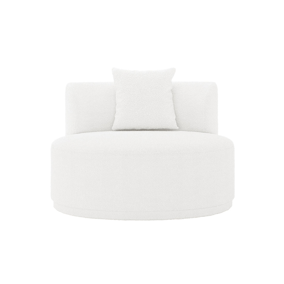 Lyana 4 Seater Boucle Sofa with Left Chaise in Cream White featuring a modern, circular upholstered lounge chair with a curved backrest and matching throw pillow, ideal for contemporary living spaces.