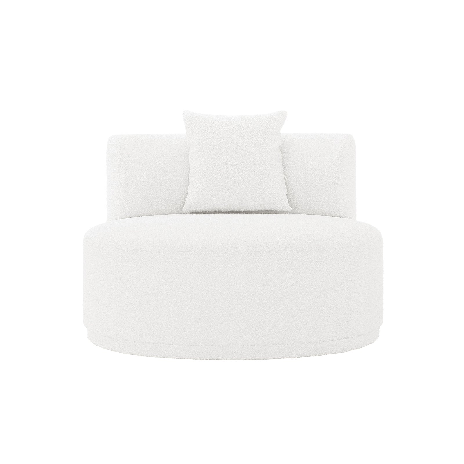 Lyana 4 Seater Boucle Sofa with Left Chaise in Cream White featuring a modern, circular upholstered lounge chair with a curved backrest and matching throw pillow, ideal for contemporary living spaces.