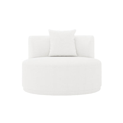 Lyana 4 Seater Boucle Sofa with Left Chaise in Cream White featuring a modern, circular upholstered lounge chair with a curved backrest and matching throw pillow, ideal for contemporary living spaces.