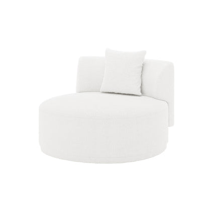Lyana 4 Seater Boucle Sofa with Left Chaise in Cream White features an all-white upholstered lounge chair with a curved backrest and a single throw pillow for a modern, cozy look.