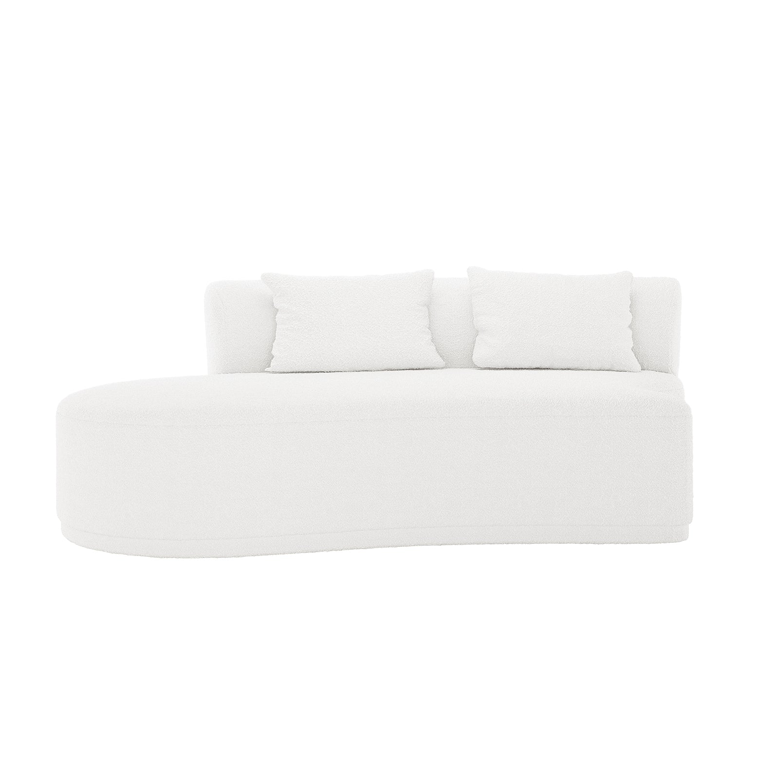 Lyana 4 Seater Boucle Sofa with Left Chaise in Cream White, featuring a modern, curved design with two matching back cushions, set against a plain white background.