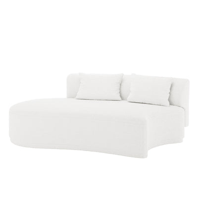 Lyana 4 Seater Boucle Sofa with Left Chaise in Cream White, featuring a curved, oval seat base, textured fabric, short backrest, and two matching throw cushions, exemplifying modern elegance and comfort.