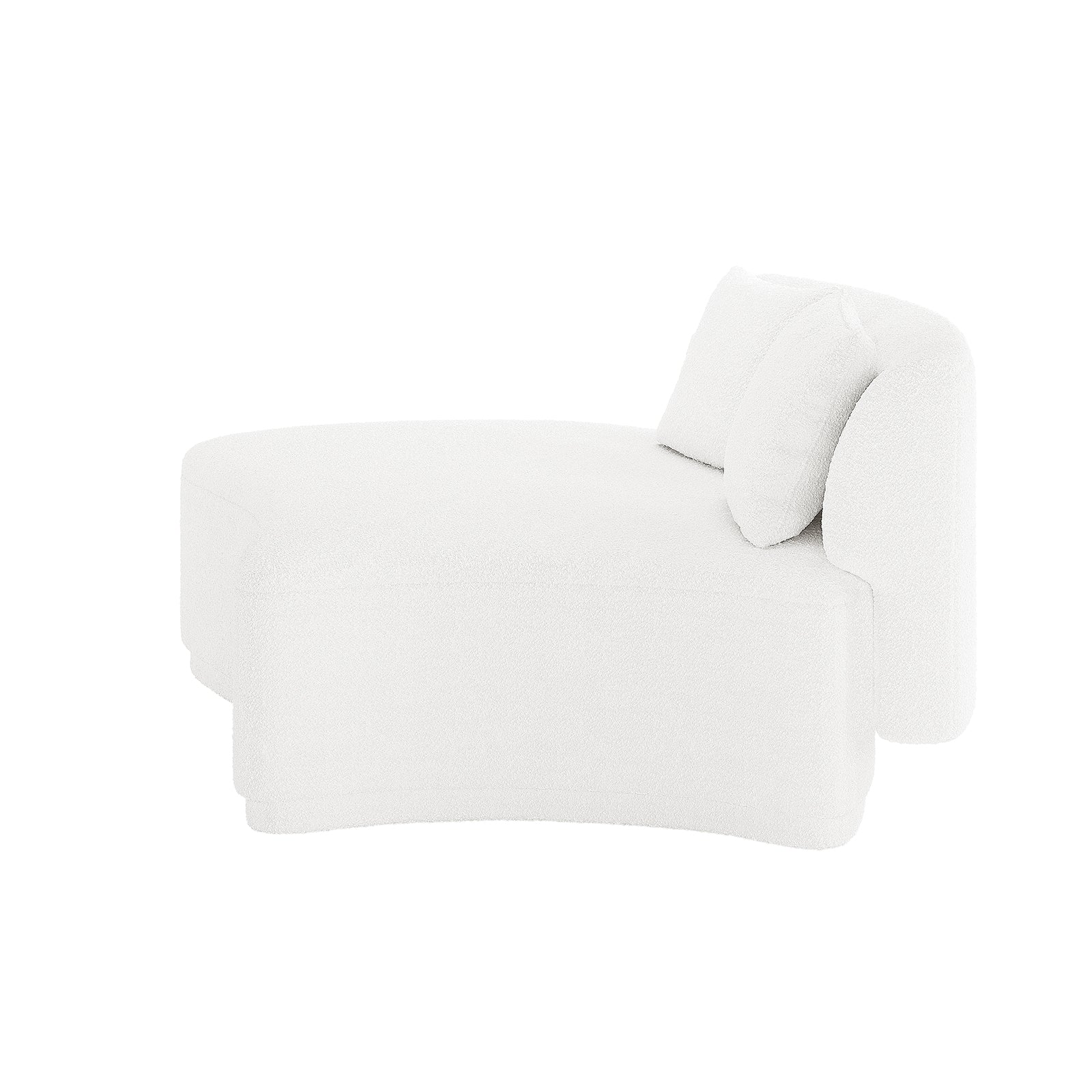 Lyana 4 Seater Boucle Sofa with Left Chaise in Cream White, featuring a low, curved chaise with rounded front, straight back support, upholstered in textured boucle fabric, includes matching back cushion.