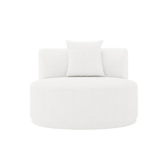 Lyana Single Seater Bouclé Sofa in Cream White with a round upholstered design, low backrest, cylindrical seat, and central throw pillow, showcasing minimalist, modern elegance and plush comfort.