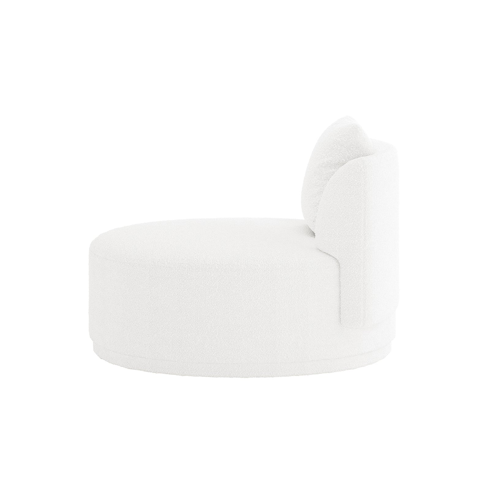 Lyana Single Seater Bouclé Sofa in Cream White features a round, low-profile design with white bouclé upholstery and a short curved back cushion attached, offering a modern, compact seating solution.