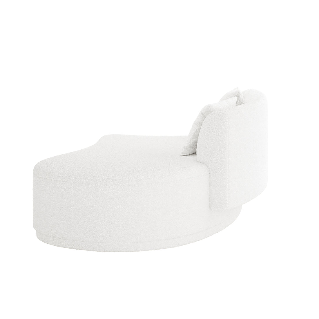 Lyana 7 Seater Boucle Sofa Set in Cream White features a modern, low-profile chaise lounge with a rounded base, integrated backrest, and matching cushions, upholstered in soft white bouclé-style fabric.