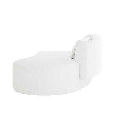 Lyana 7 Seater Boucle Sofa Set in Cream White features a modern, low-profile chaise lounge with a rounded base, integrated backrest, and matching cushions, upholstered in soft white bouclé-style fabric.