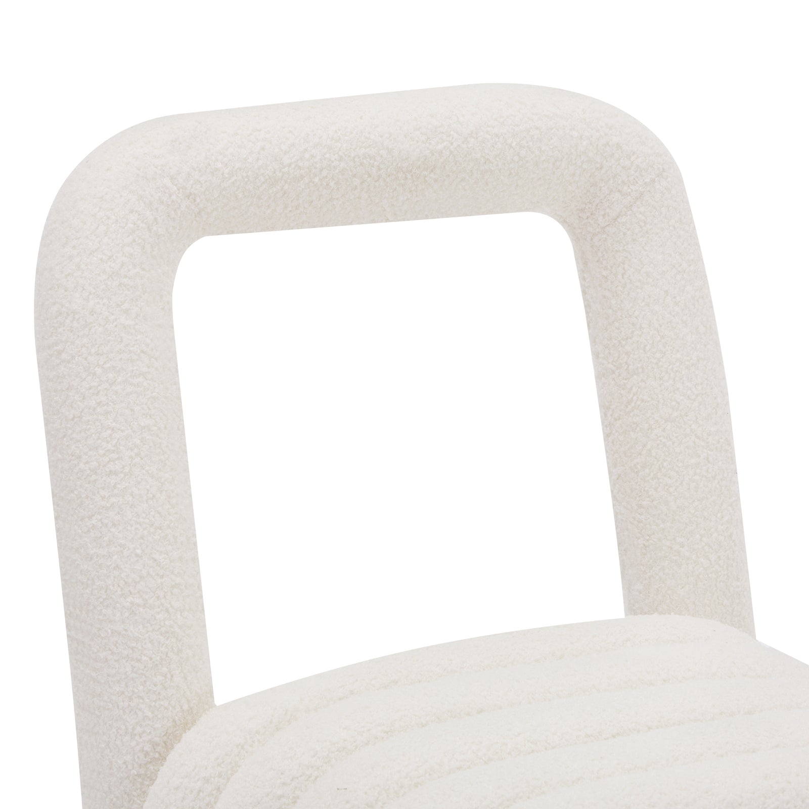 Lycus Boucle Cushioned Metal Frame Accent Chair Cream White, featuring a sleek metal frame and plush boucle fabric upholstery, highlighting its modern arched seating design and cushioned seat for ultimate comfort.