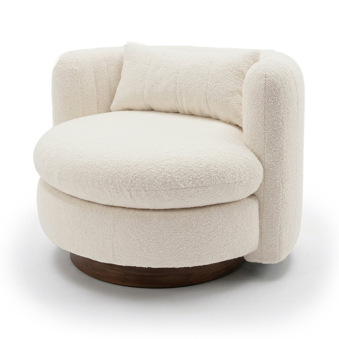 Marvik 360° Swivel Accent Chair in Cream White features a rounded, low-profile design with cream bouclé upholstery and a curved back/armrest on a sturdy circular wood base.
