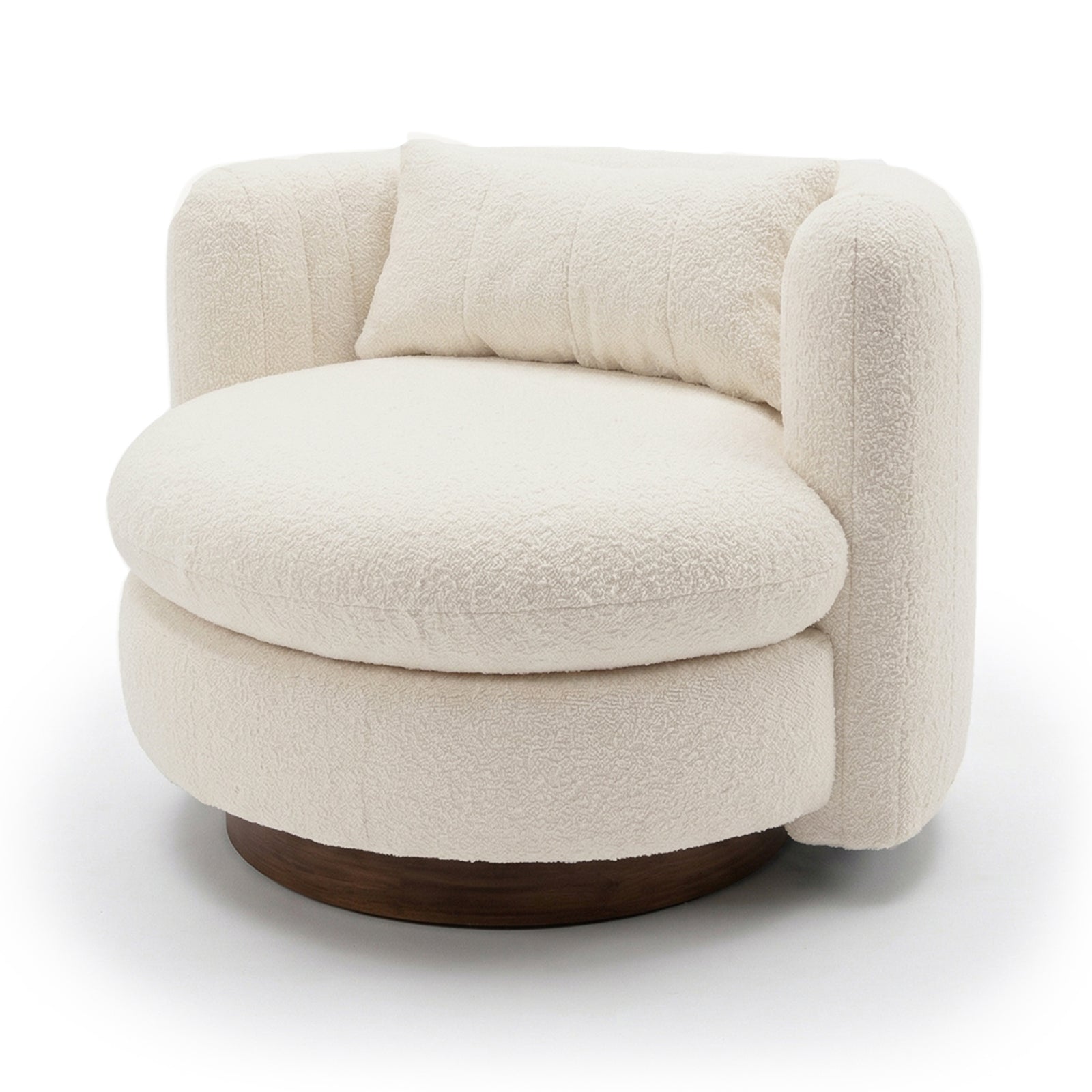 Marvik 360° Swivel Accent Chair in Cream White features a rounded, low-profile design with cream bouclé upholstery and a curved back/armrest on a sturdy circular wood base.