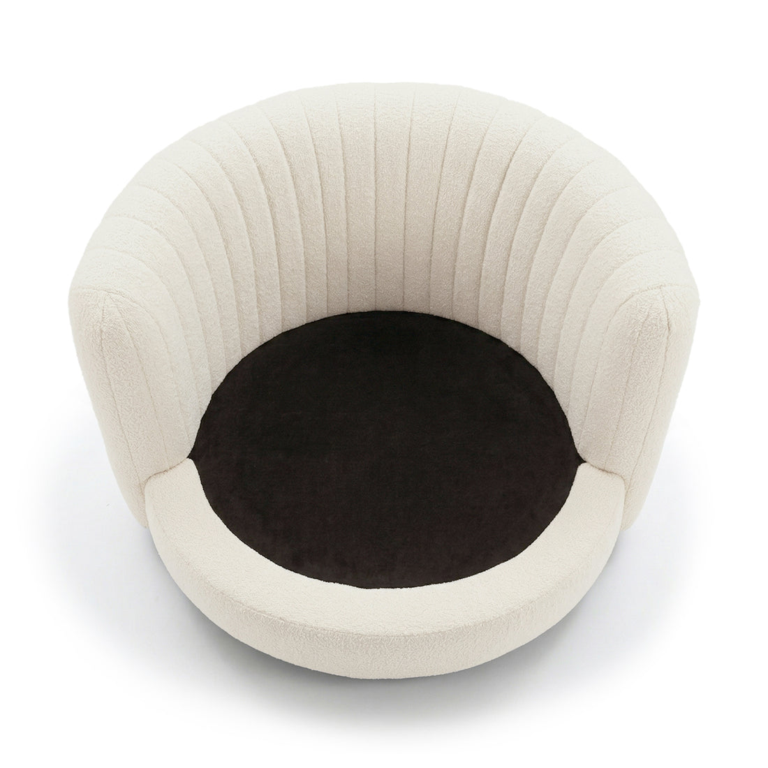 Marvik 360° Swivel Accent Chair in Cream White features a plush, circular design with a textured bouclé upholstery, continuous curved back and arms, and a contrasting dark round seat cushion.