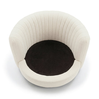 Marvik 360° Swivel Accent Chair in Cream White features a plush, circular design with a textured bouclé upholstery, continuous curved back and arms, and a contrasting dark round seat cushion.