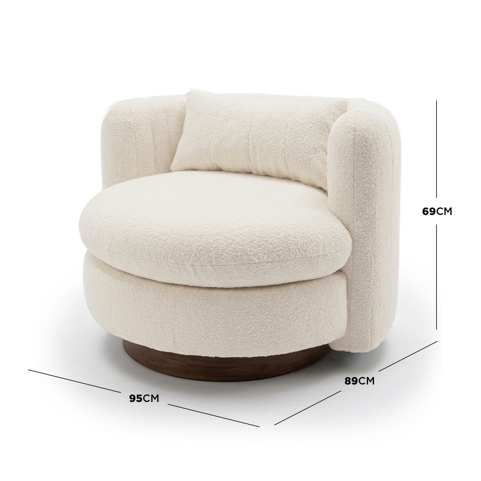 Marvik 360° Swivel Accent Chair in Cream White features a rounded design with creamy-white bouclé upholstery and a thick seat cushion on a low wooden base, showcasing elegance and functionality.