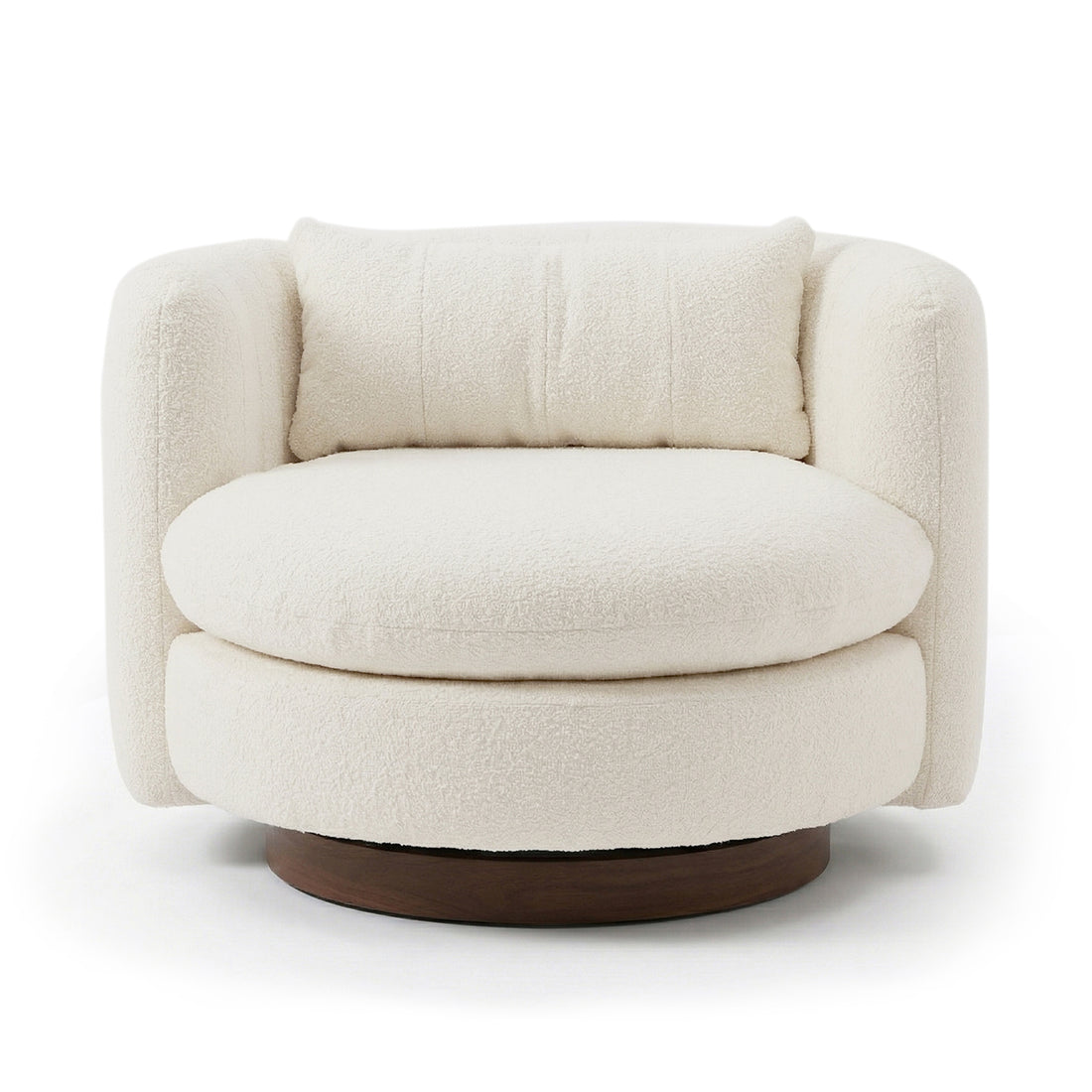 Marvik 360° Swivel Accent Chair in Cream White, featuring a modern barrel-style design with cream bouclé upholstery, rounded back, low curved arms, and a circular wooden base, ideal for contemporary interiors.