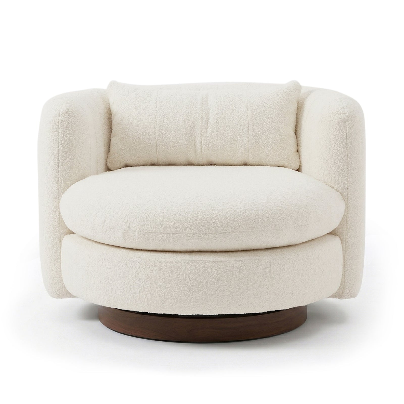 Marvik 360° Swivel Accent Chair in Cream White, featuring a modern barrel-style design with cream bouclé upholstery, rounded back, low curved arms, and a circular wooden base, ideal for contemporary interiors.