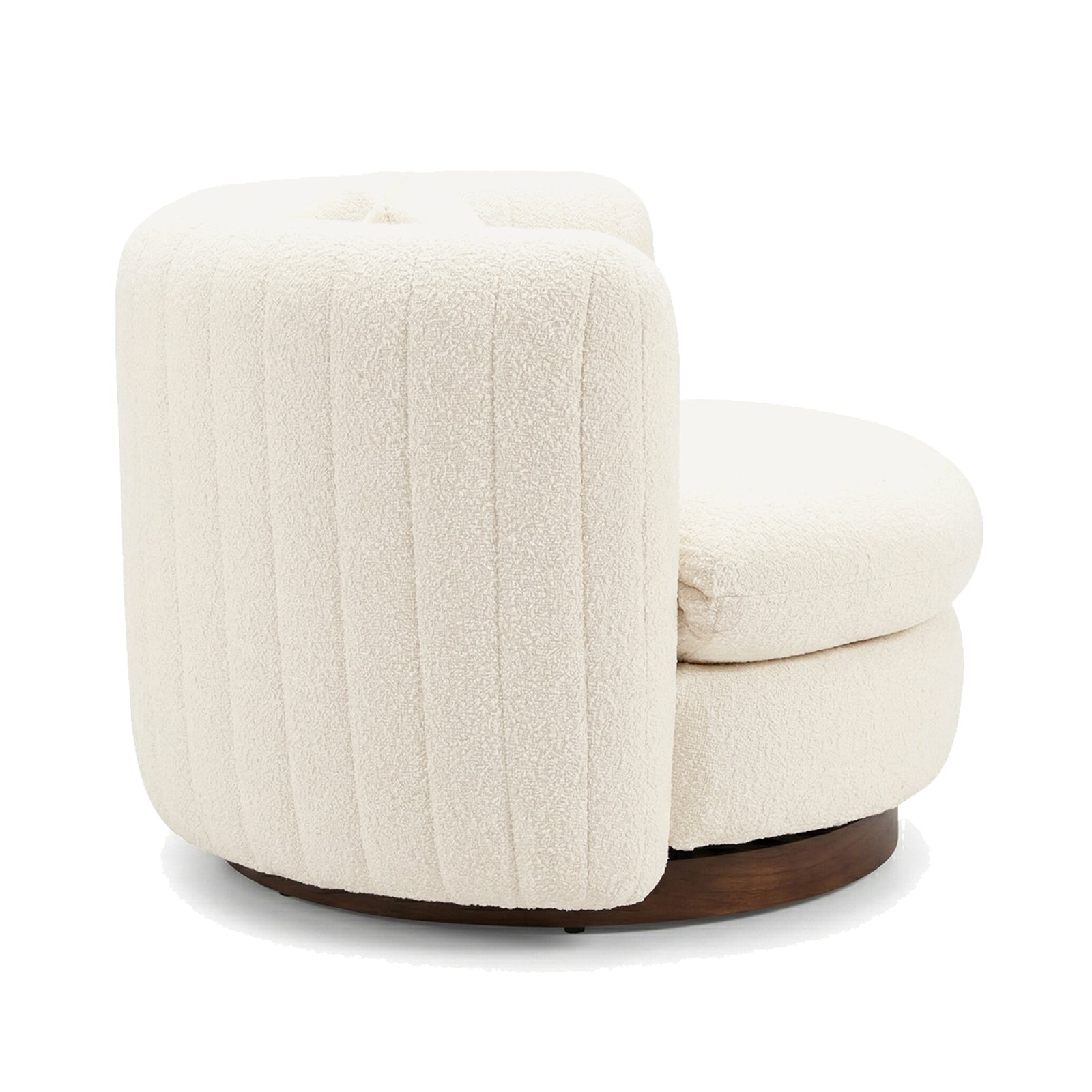 Marvik 360° Swivel Accent Chair in Cream White features a tufted, rounded back and seat upholstered in soft bouclé fabric, resting on a low, circular wood base for modern elegance.