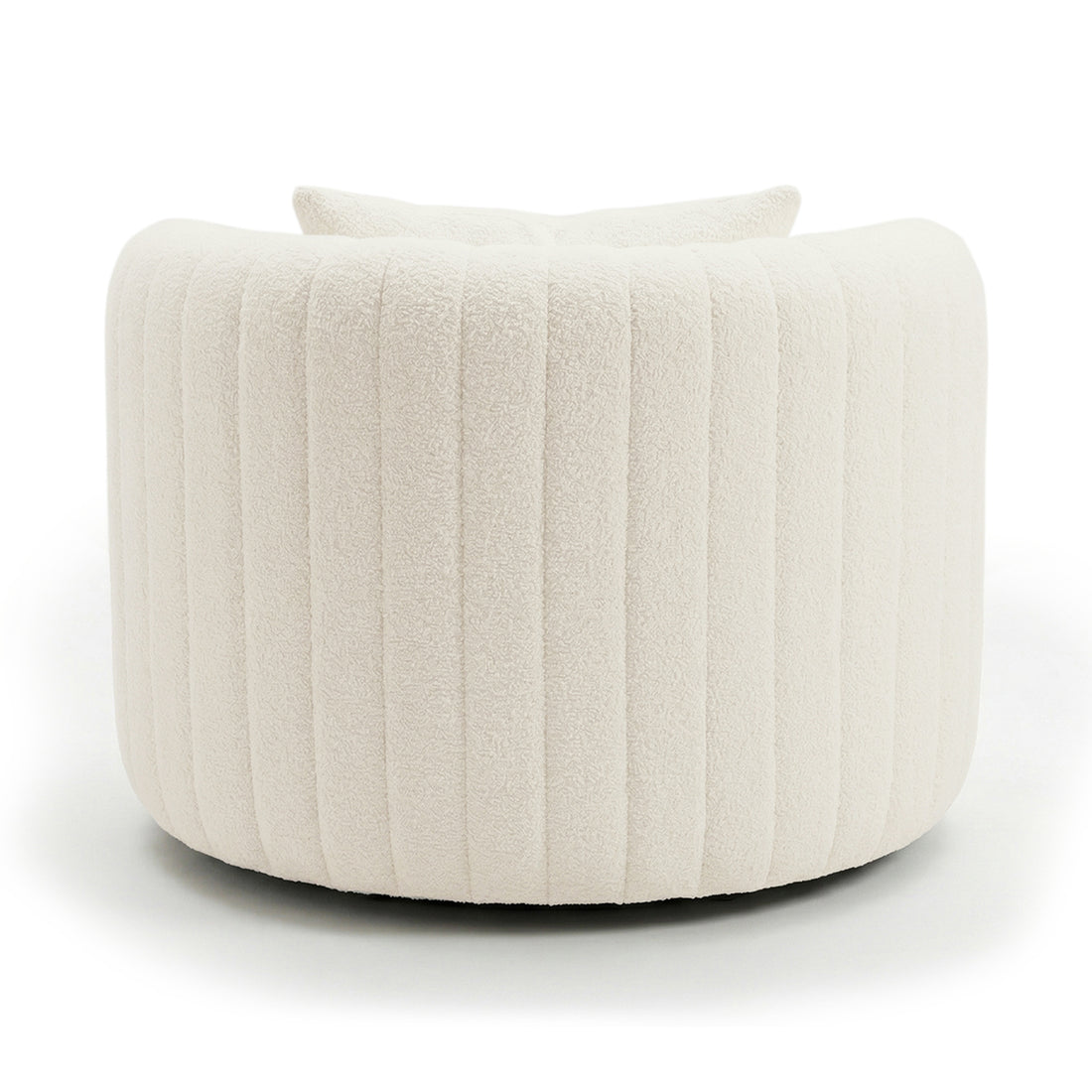 Marvik 360° Swivel Accent Chair in Cream White, featuring a round, barrel-style design with cream-white bouclé fabric, vertical channel stitching, low curved backrest, and matching pillow inset for modern lounging.
