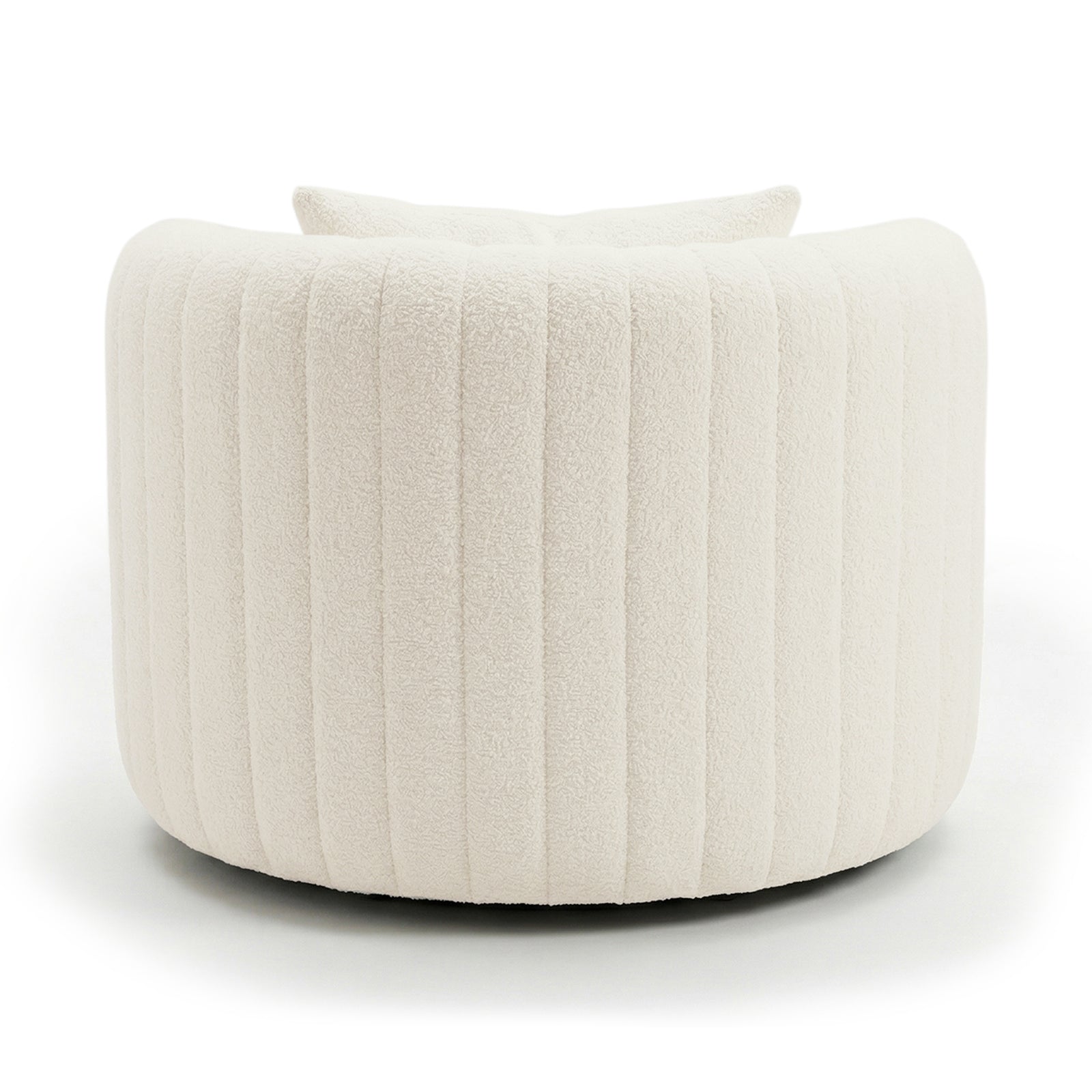 Marvik 360° Swivel Accent Chair in Cream White, featuring a round, barrel-style design with cream-white bouclé fabric, vertical channel stitching, low curved backrest, and matching pillow inset for modern lounging.