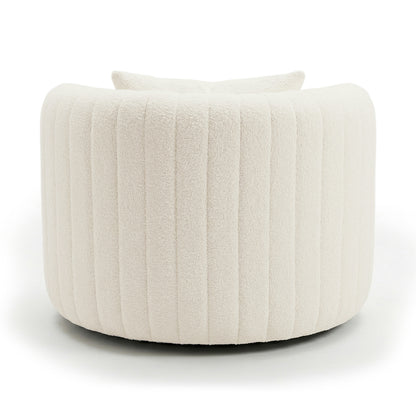 Marvik 360° Swivel Accent Chair in Cream White, featuring a round, barrel-style design with cream-white bouclé fabric, vertical channel stitching, low curved backrest, and matching pillow inset for modern lounging.