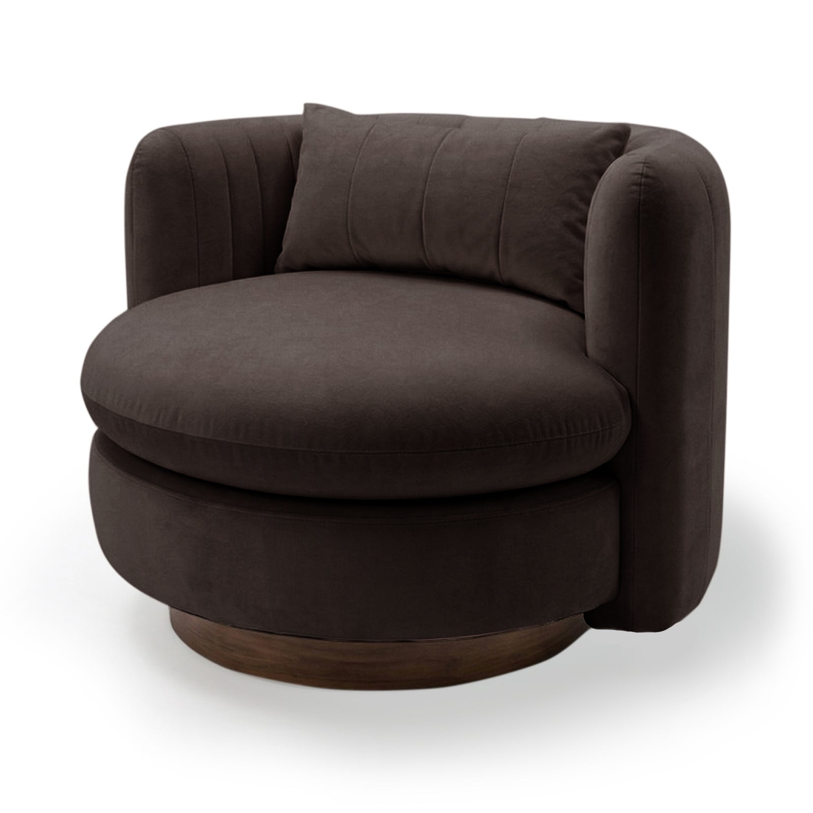 Marvik 360° Swivel Accent Chair in Deep Mocha Brown features a modern barrel-style design with a low curved back, rounded arms, deep-seated cushion, and a concealed rotating base for versatile lounging.
