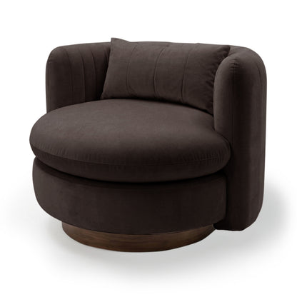 Marvik 360° Swivel Accent Chair in Deep Mocha Brown features a modern barrel-style design with a low curved back, rounded arms, deep-seated cushion, and a concealed rotating base for versatile lounging.