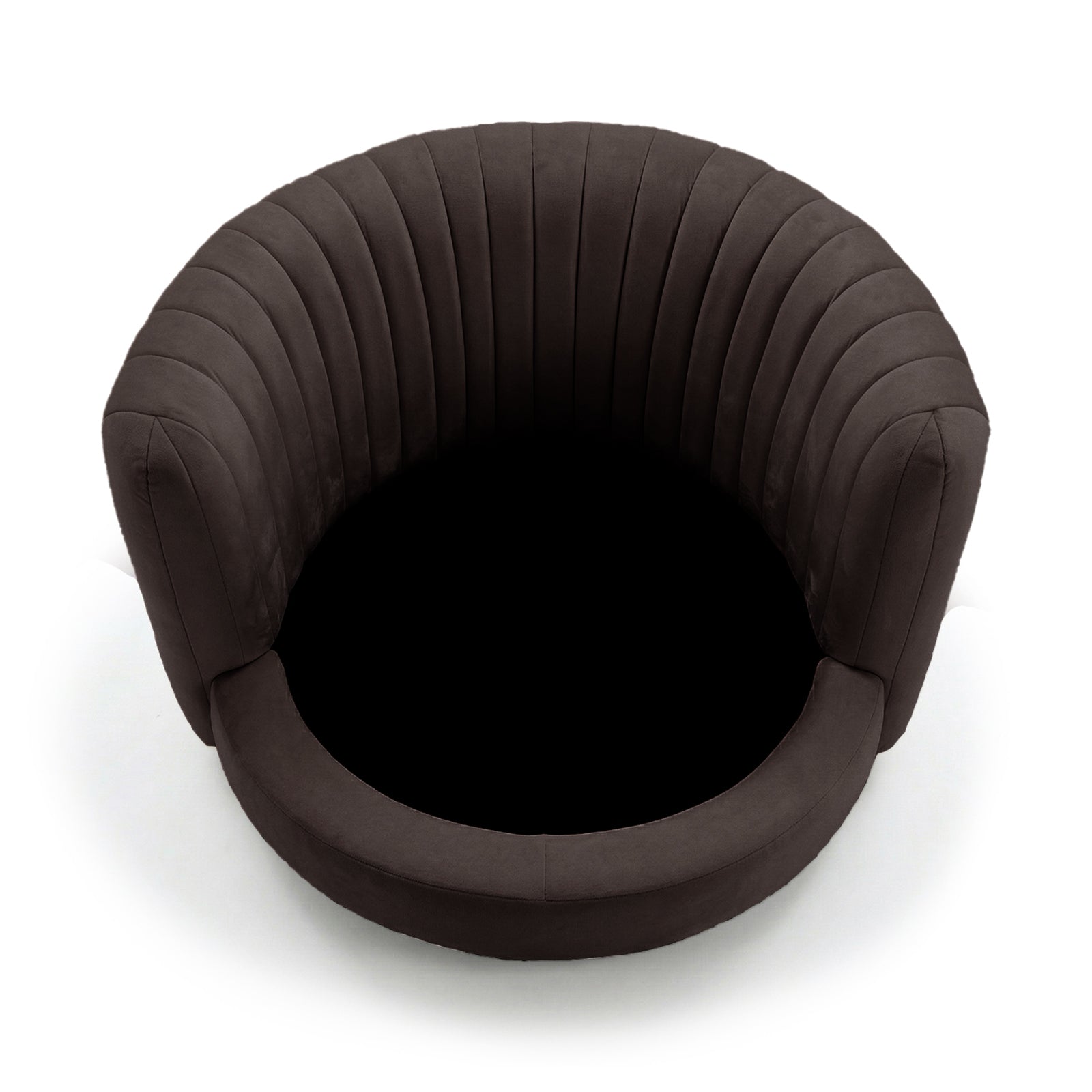 Marvik 360° Swivel Accent Chair in Deep Mocha Brown, featuring a round, barrel-style design with a deep, curved seat and high, wraparound back, highlighted by vertical channel-stitched padding.