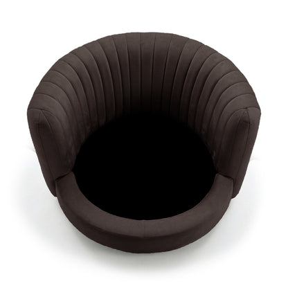 Marvik 360° Swivel Accent Chair in Deep Mocha Brown, featuring a round, barrel-style design with a deep, curved seat and high, wraparound back, highlighted by vertical channel-stitched padding.