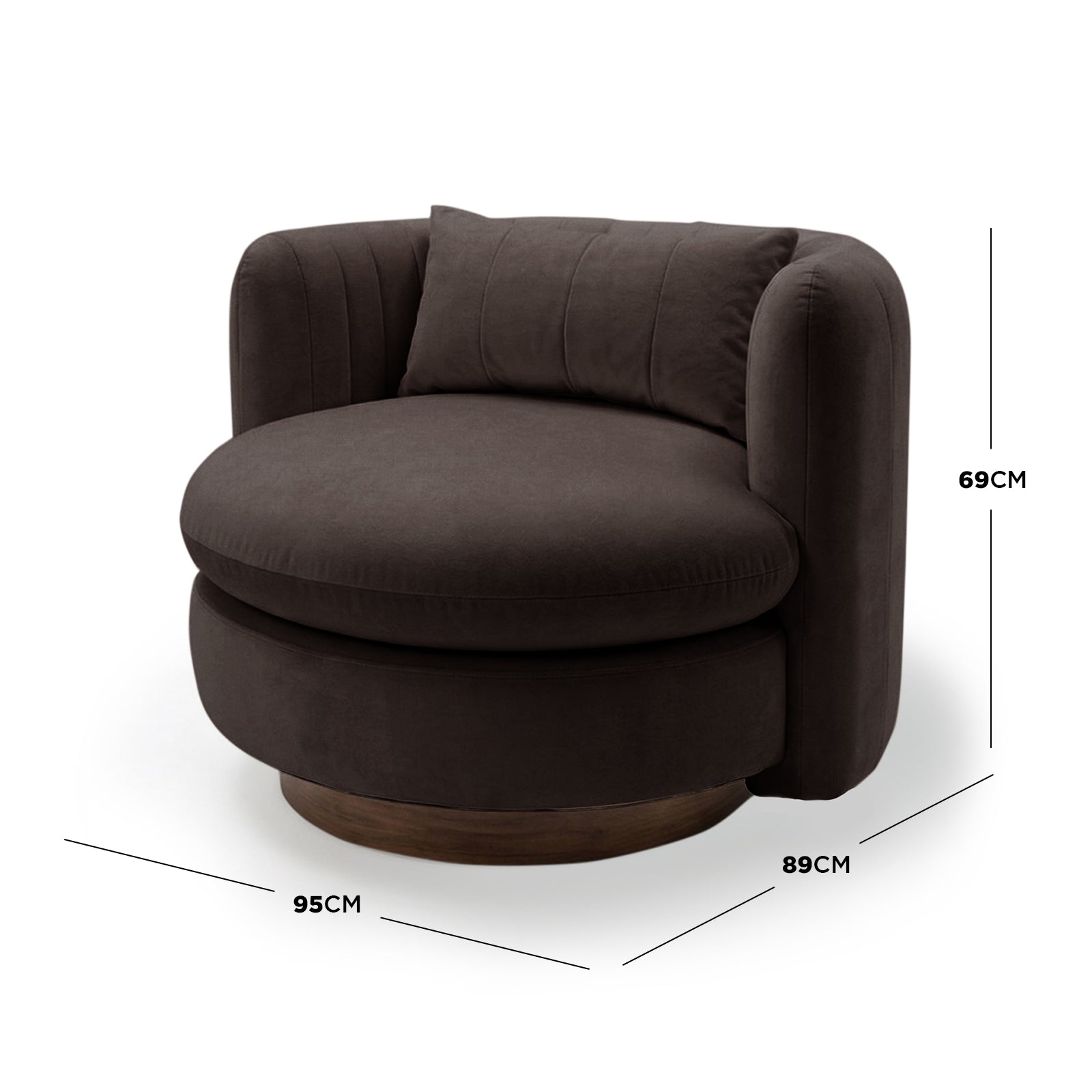 Marvik 360° Swivel Accent Chair in Deep Mocha Brown features a round design with a low, curved back, padded arm wings, and a circular wooden base, offering a stylish, versatile seating solution.