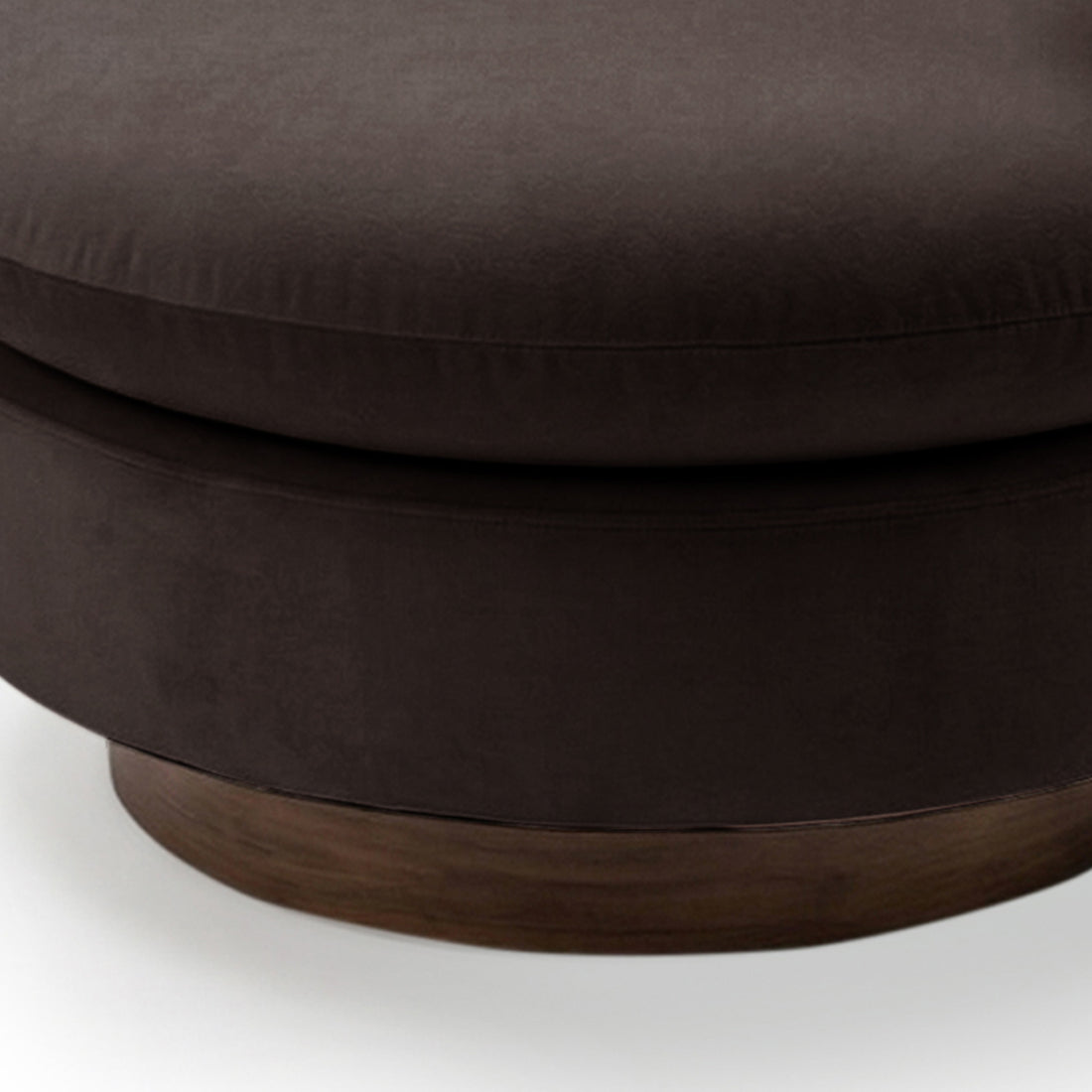 Close-up of the Marvik 360° Swivel Accent Chair in Deep Mocha Brown, showcasing its dark brown upholstered cushion, matching fabric skirt, and circular wooden base, highlighting its luxurious, modern design.
