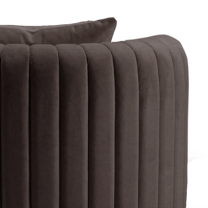 Marvik 360° Swivel Accent Chair in Deep Mocha Brown, featuring vertically channeled velvet upholstery. The image highlights a close-up of the chair's arm and back, showcasing luxurious texture and design.