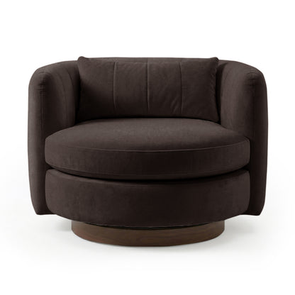 Marvik 360° Swivel Accent Chair in Deep Mocha Brown, featuring a round design with dark brown velvet upholstery, deep circular seat, matching back cushion, curved armrests, and low circular wooden base.