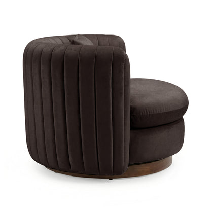 Marvik 360° Swivel Accent Chair in Deep Mocha Brown, featuring velvet-like fabric, vertical channel tufting, and a low wooden swivel base, offering modern design with functional mobility.