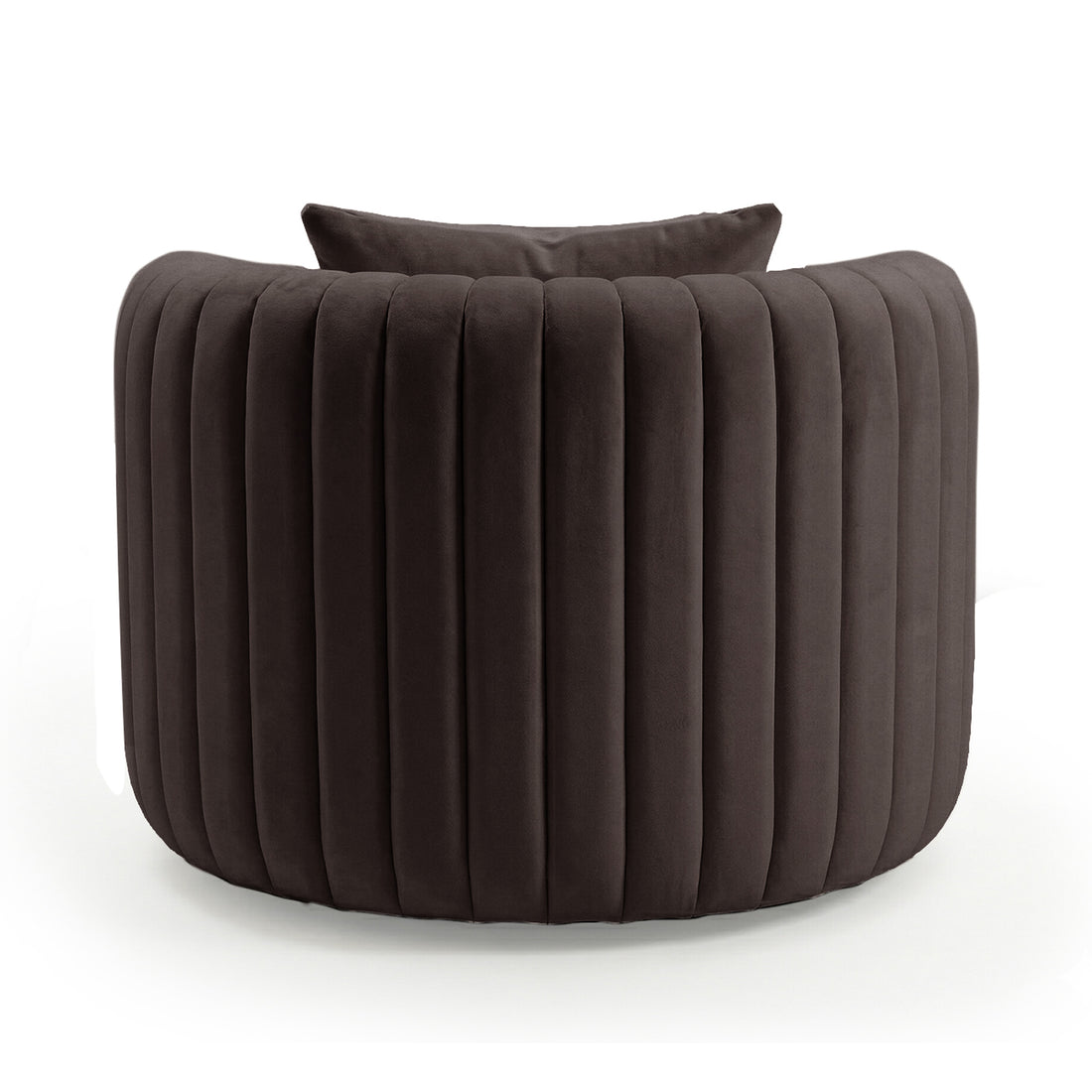 Marvik 360° Swivel Accent Chair in Deep Mocha Brown features a barrel-style design with vertical channel tufting and includes a matching cushioned back pillow for a modern, luxurious lounge experience.
