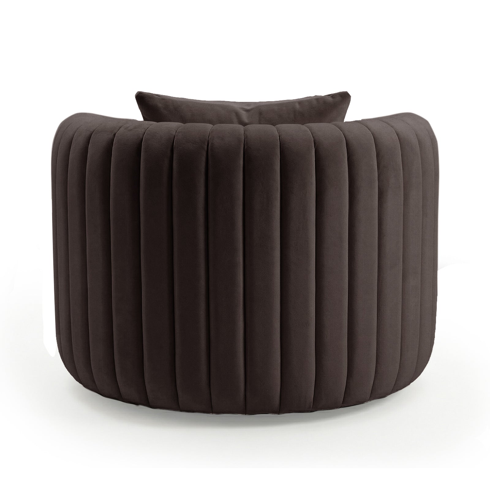 Marvik 360° Swivel Accent Chair in Deep Mocha Brown features a barrel-style design with vertical channel tufting and includes a matching cushioned back pillow for a modern, luxurious lounge experience.