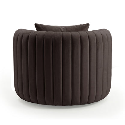 Marvik 360° Swivel Accent Chair in Deep Mocha Brown features a barrel-style design with vertical channel tufting and includes a matching cushioned back pillow for a modern, luxurious lounge experience.
