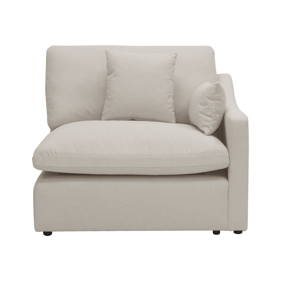 Millie 3-Seater Fabric Modular Sofa Light Beige, featuring plush white pillows, is elegantly displayed on a couch, highlighting its inviting style and versatile design in a modern living space.