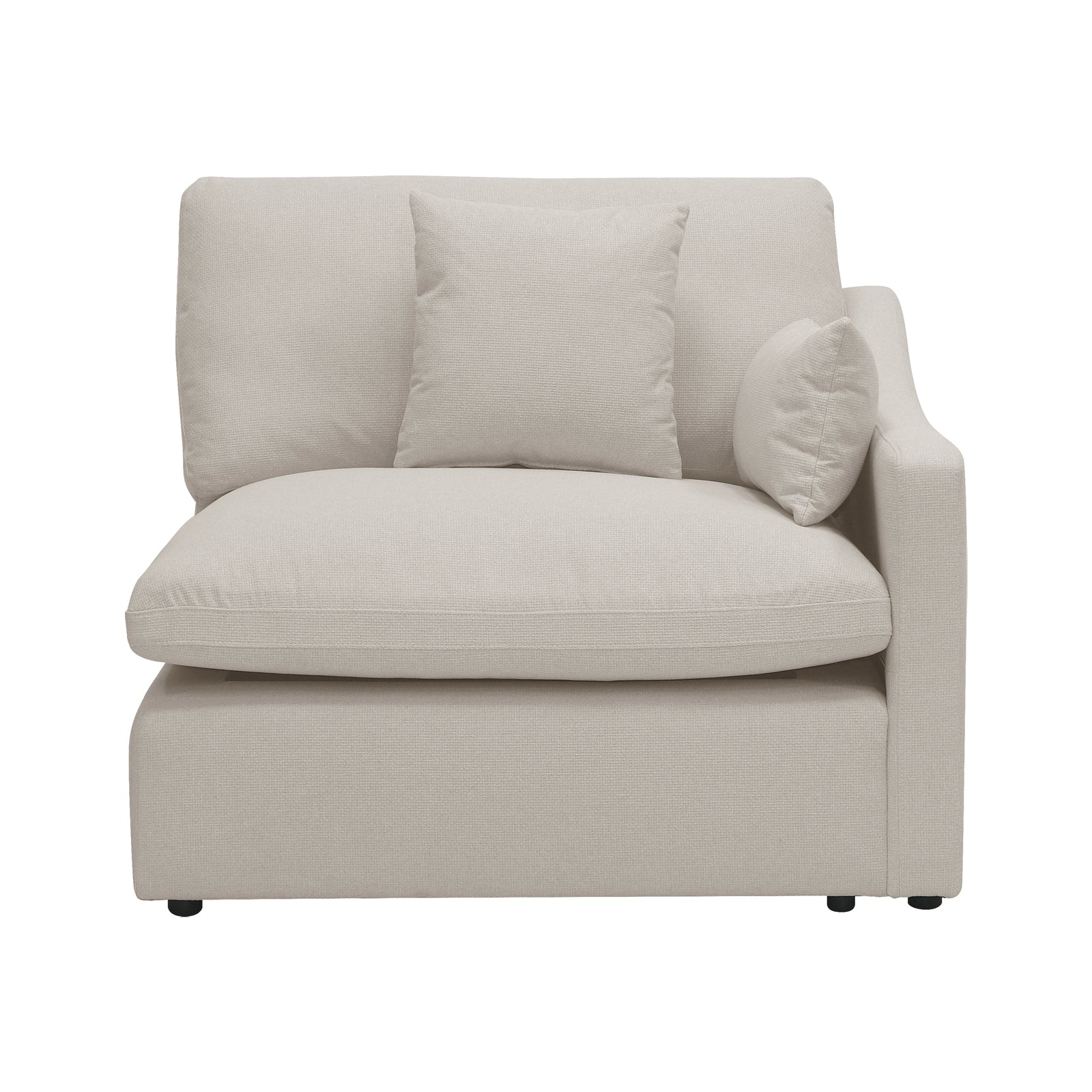 Millie 3-Seater Fabric Modular Sofa Light Beige, featuring plush white pillows, is elegantly displayed on a couch, highlighting its inviting style and versatile design in a modern living space.
