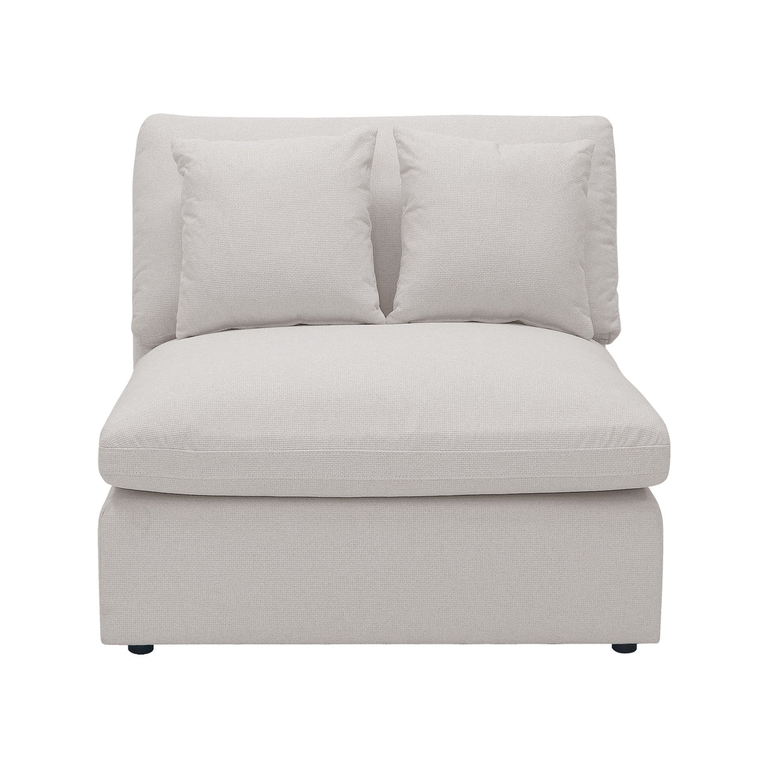 Millie 4-Seater Fabric Modular Sofa - Warm Light Grey, featuring plush cushions on a sleek, adaptable design, perfect for lounging or hosting, showcased with a white throw pillow on a chair.