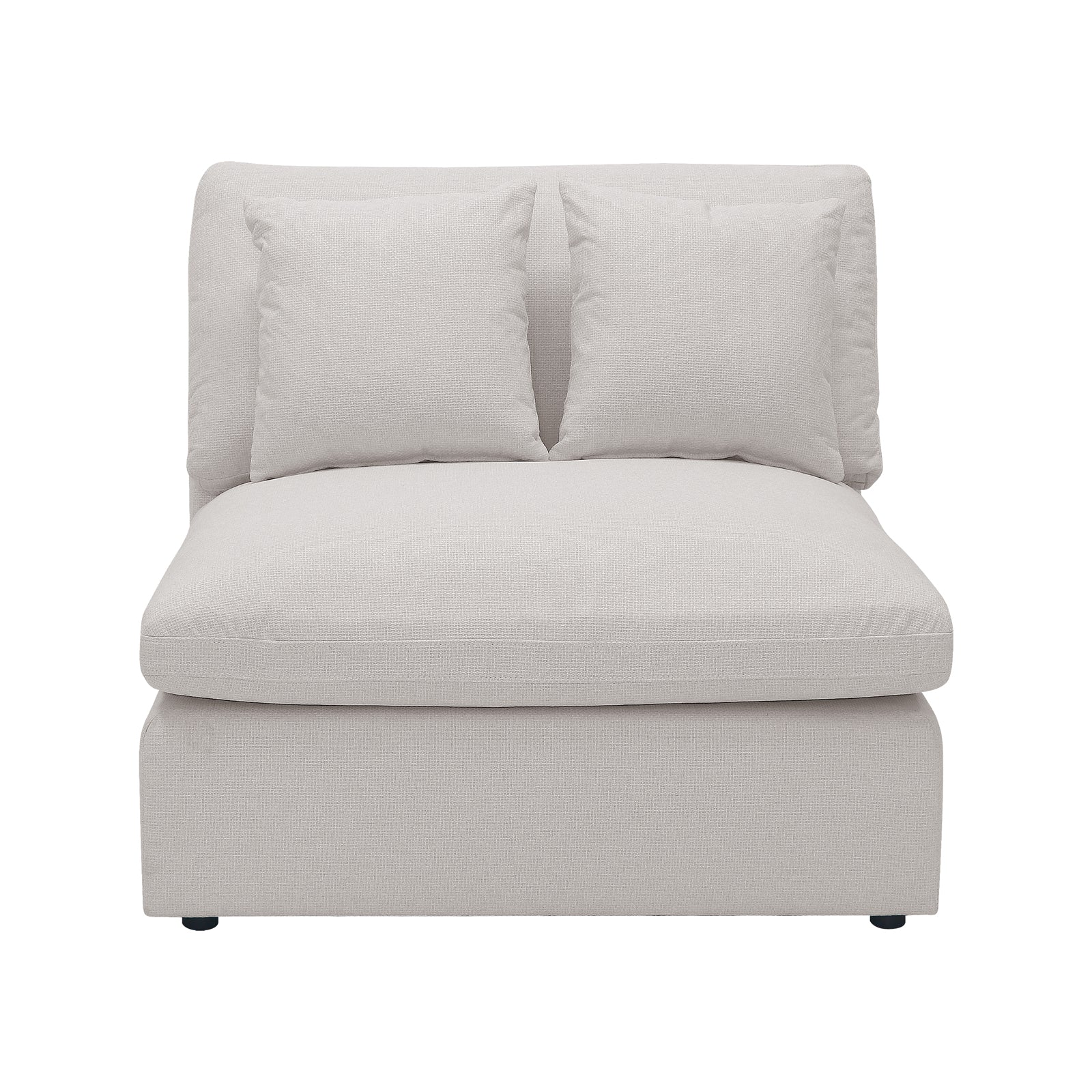 Millie 4-Seater Fabric Modular Sofa - Warm Light Grey, featuring plush cushions on a sleek, adaptable design, perfect for lounging or hosting, showcased with a white throw pillow on a chair.