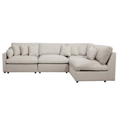 Millie 5-Seater Fabric Modular Sofa Light Beige showcased with plush cushions and modular design, highlighting its deep seating and high-quality woven fabric on a stylish studio couch setting.
