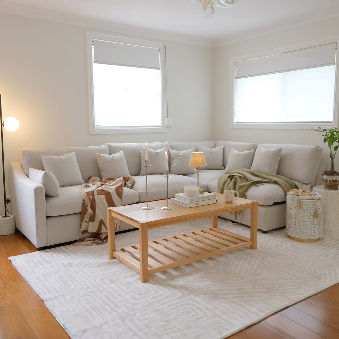 Millie 5-Seater Fabric Modular Sofa Light Beige, featuring plush cushions and a spacious corner chaise, designed for ultimate comfort and style in living spaces.