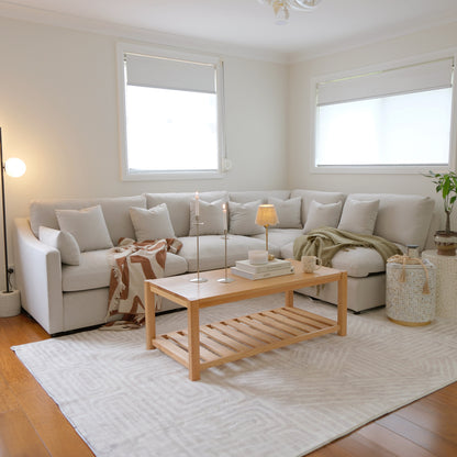 Millie 5-Seater Fabric Modular Sofa Light Beige, featuring plush cushions and a spacious corner chaise, designed for ultimate comfort and style in living spaces.