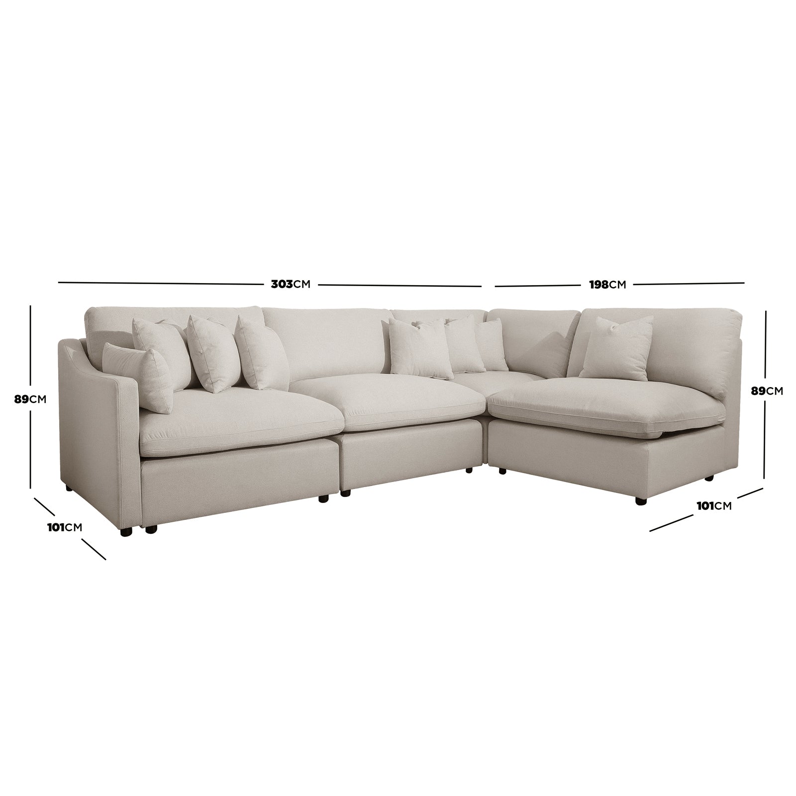 Millie 5-Seater Fabric Modular Sofa Light Beige featuring plush cushions, deep seats, and sturdy timber frame, positioned on a couch, showcasing its versatile and comfortable design for modern living spaces.